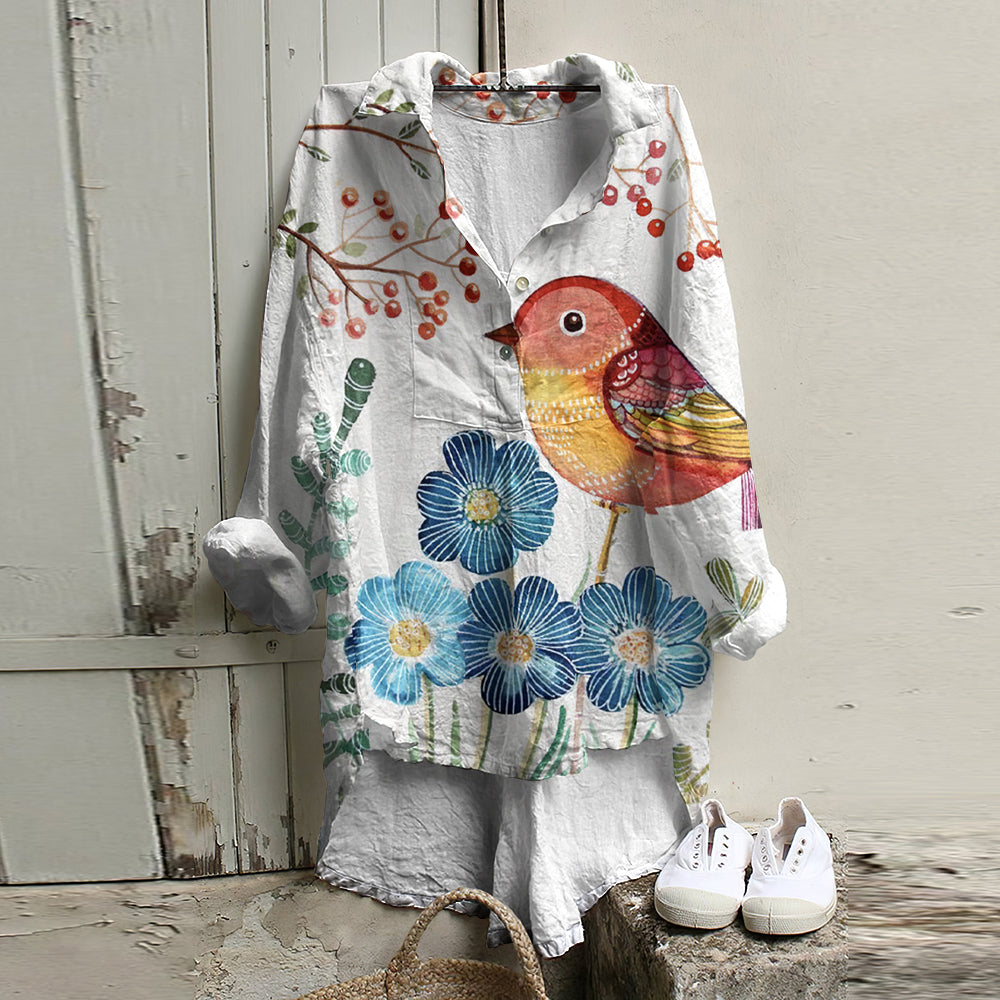 Women's Vintage Bird And Floral Japanese Art Casual Button Shirt elevenforest