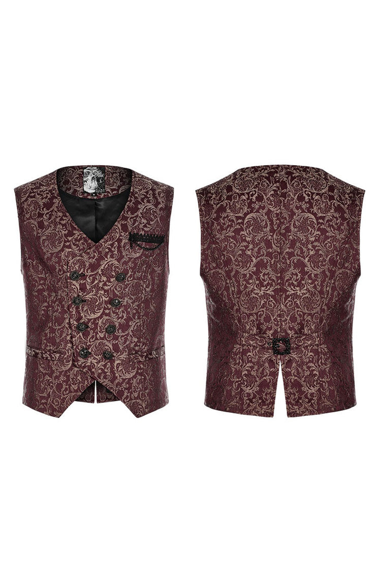 Red Punk V Neck Asymmetrical Relief Sculpture Jacquard Double Row Hand Seam Button Vest
