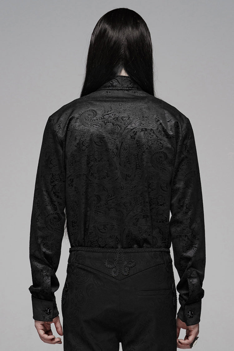 Black Stand Up Collar Long Sleeve Front Gemstone Button Print Gothic Shirt