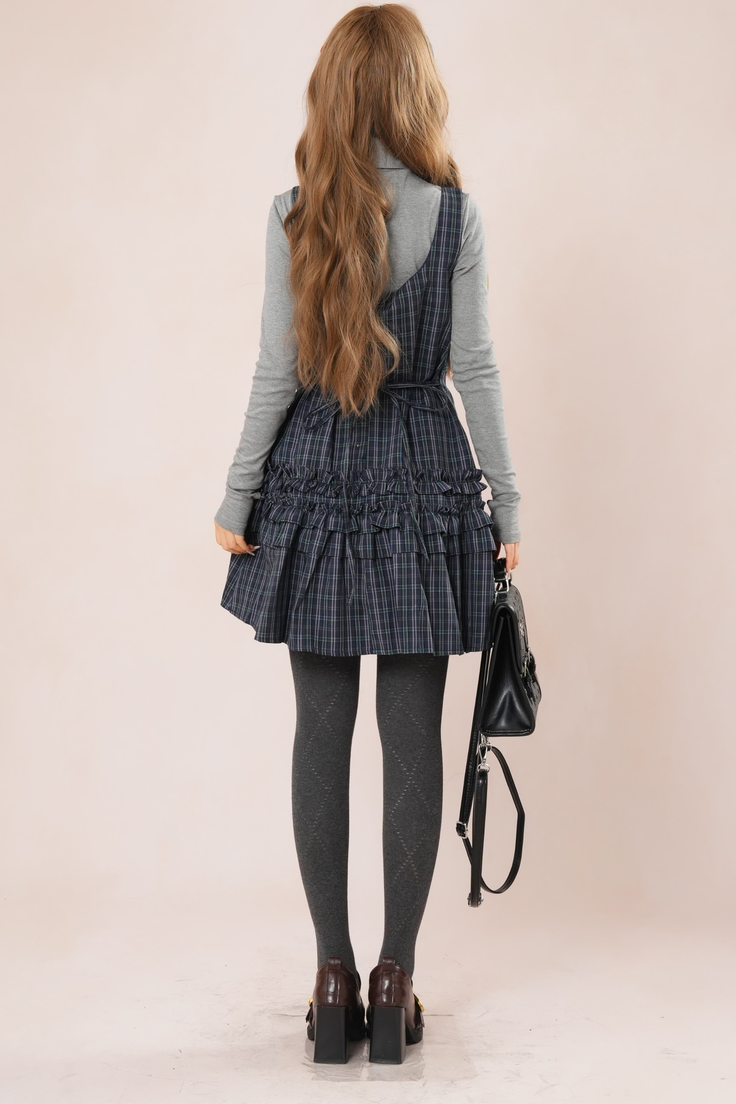 Dark French Ruffle Plaid Sleeveless Dress + Shirt