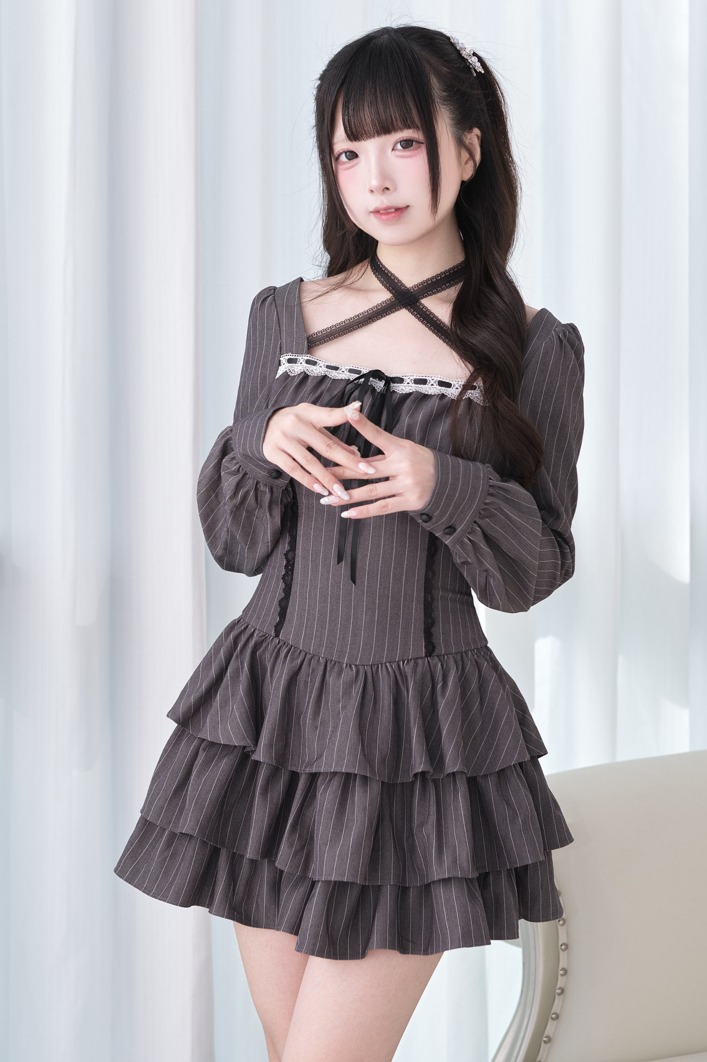 Striped Plaid Cross Neck Ruffle Dress