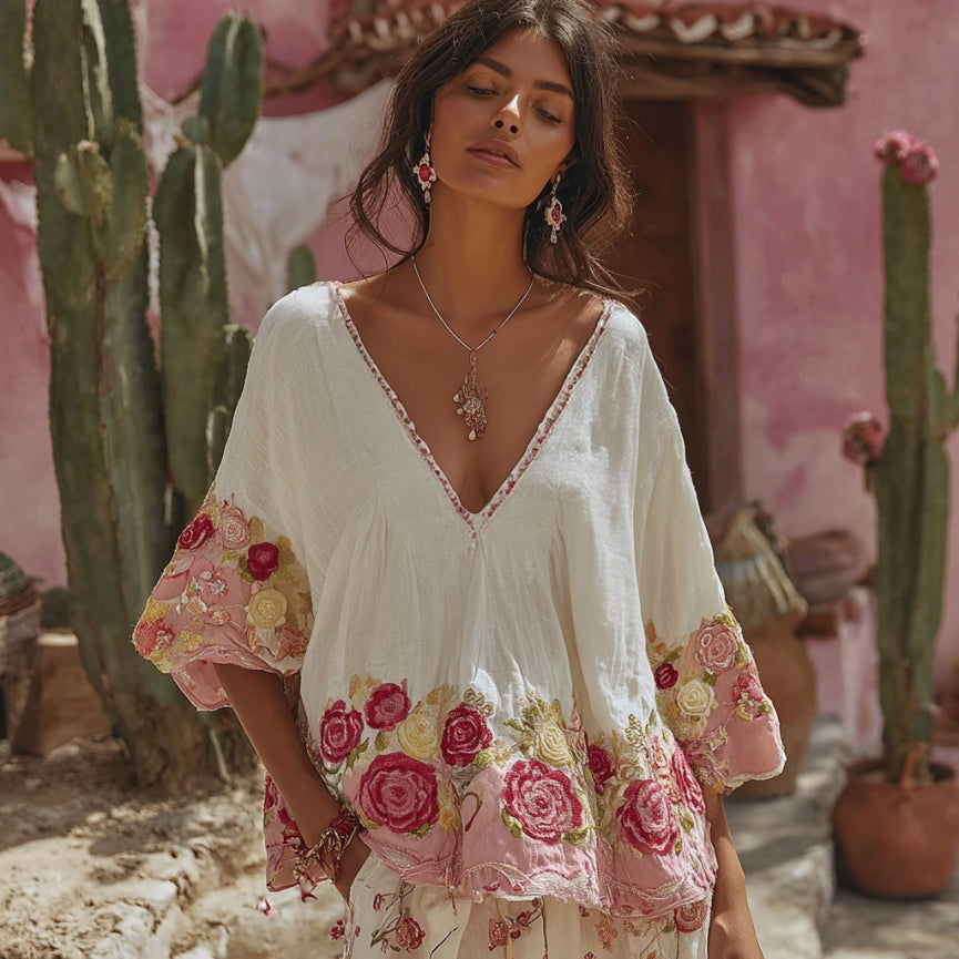 Women's Vintage Floral Art Embroidery Linen T-shirt elevenforest