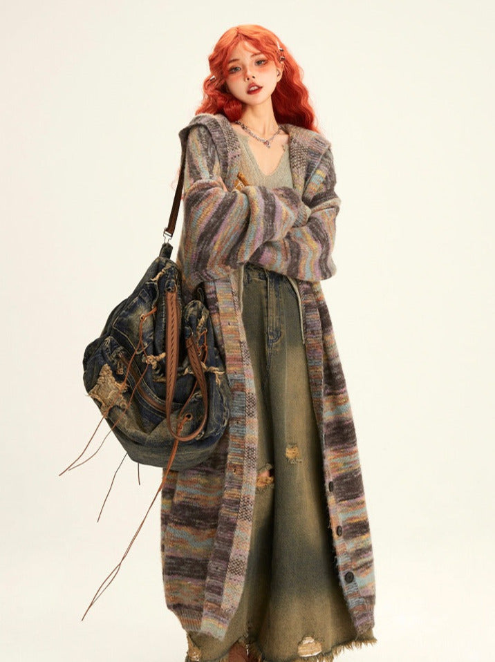 Retro Butterfly Patch Embroidery V-neck Slim Knit + Distressed Denim Long Skirt