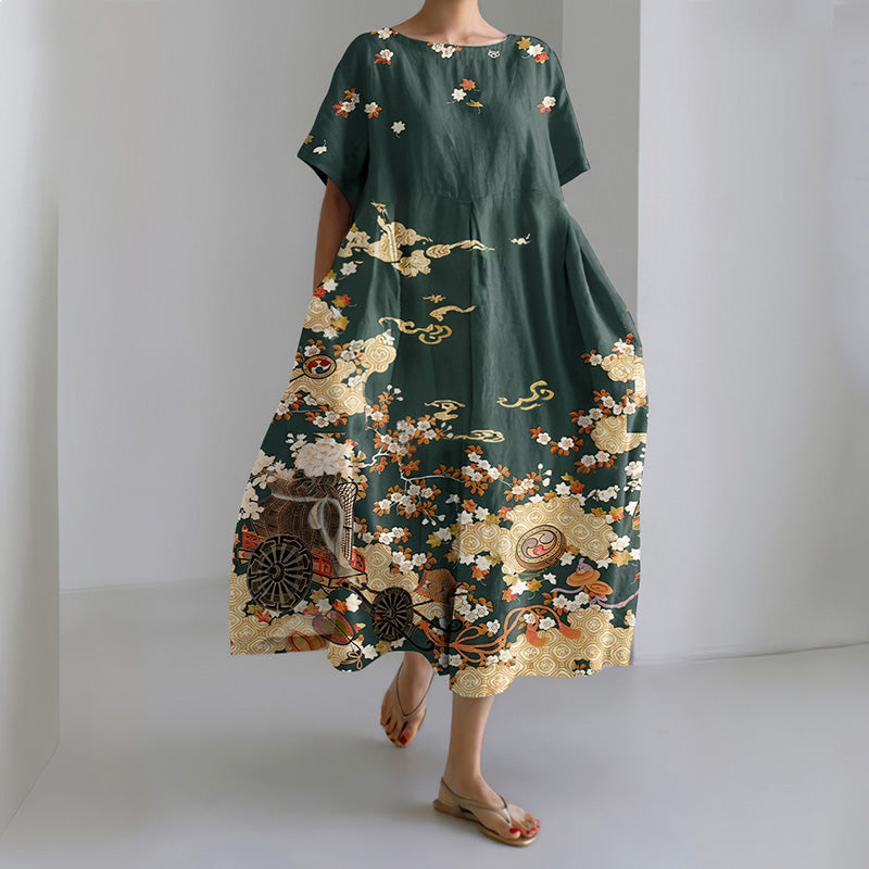 Comstylish Women's Vintage Japanese Art Print Short Sleeve Loose Midi Dress