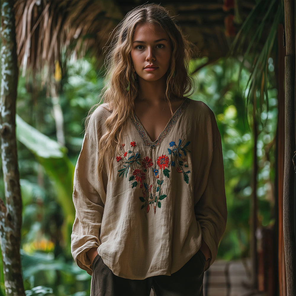 Vintage Bohemian Floral Embroidered Linen V-neck Shirt elevenforest