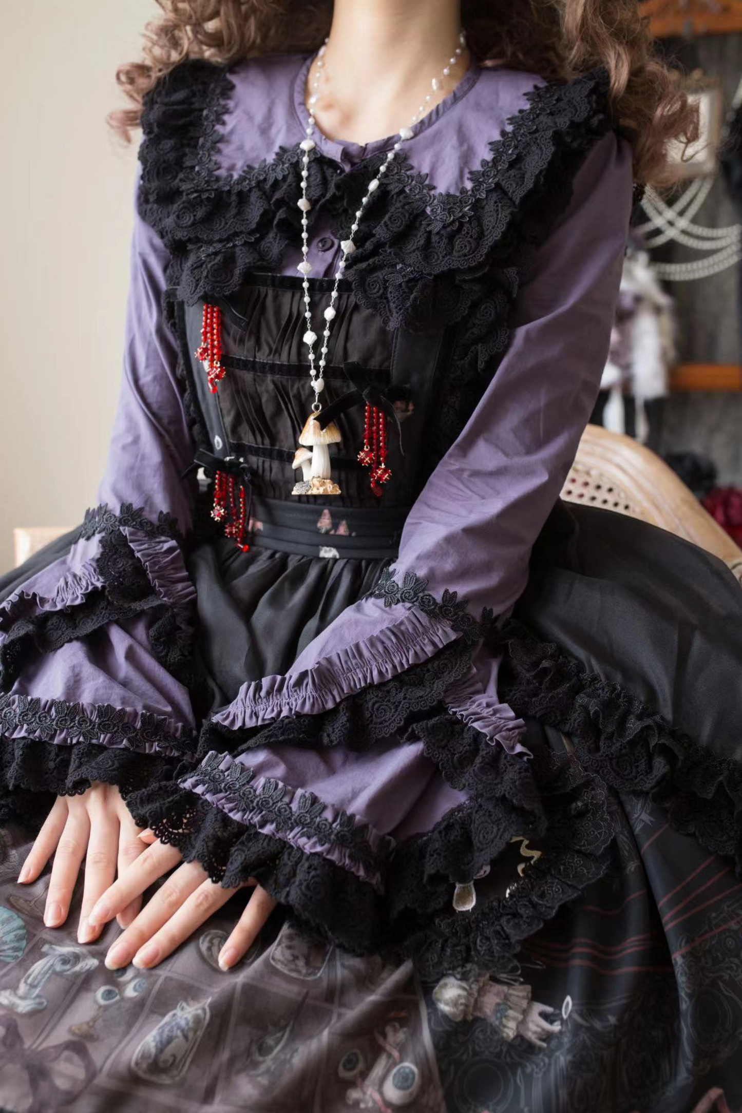 Ruffled Beaded Gothic Straps Printed Dress