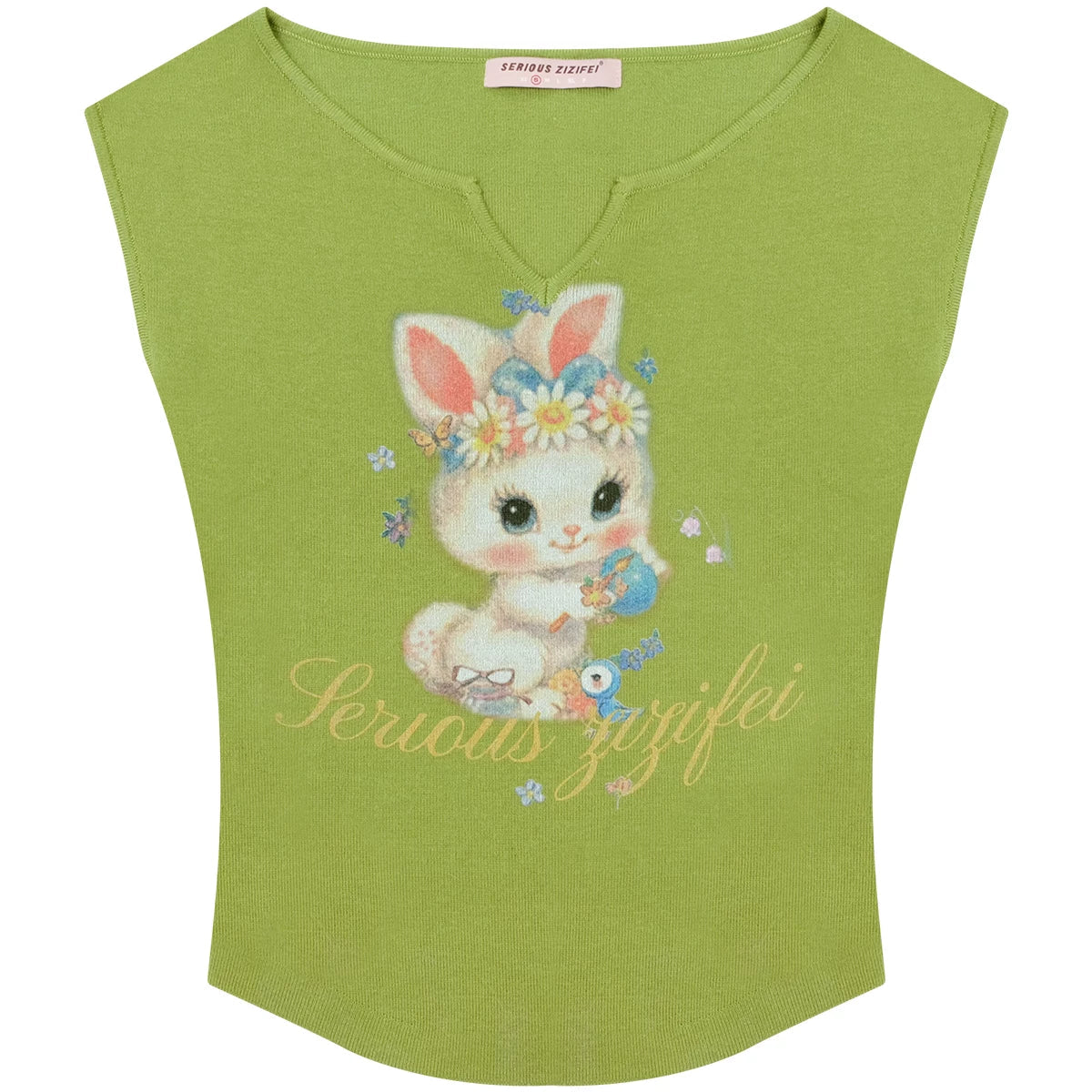 Green Rabbit Print V-neck Top