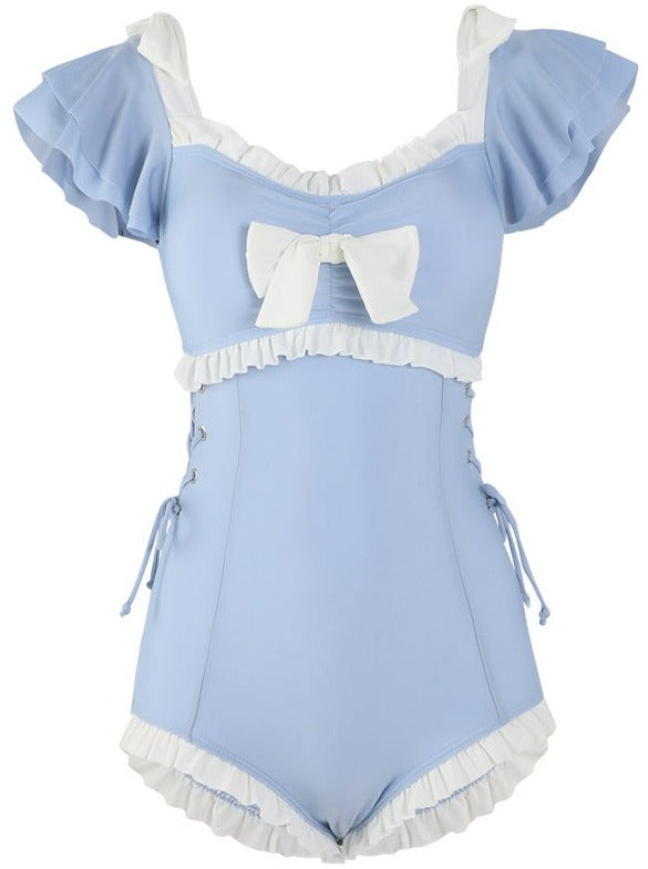 French Blue Ruffle Ribbon All in Swimsuit
