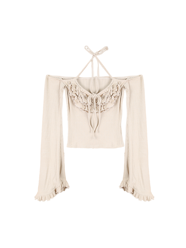 Soft Brown Ruffled Knit Cardigan + Top
