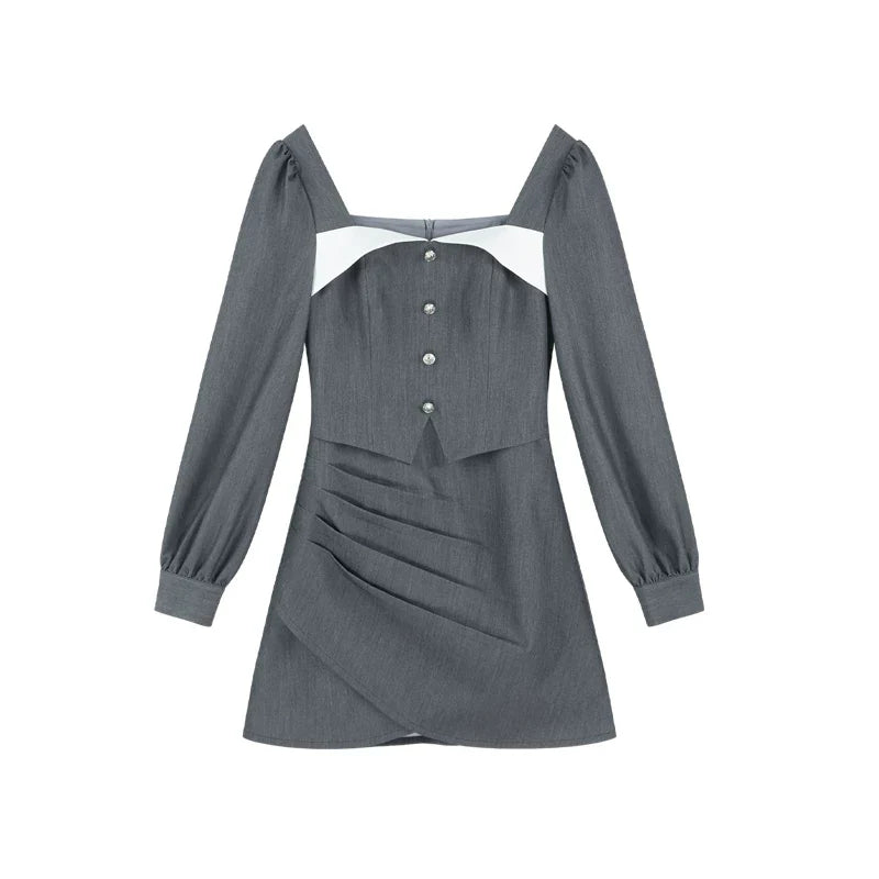 French Grey Square Neck Dress