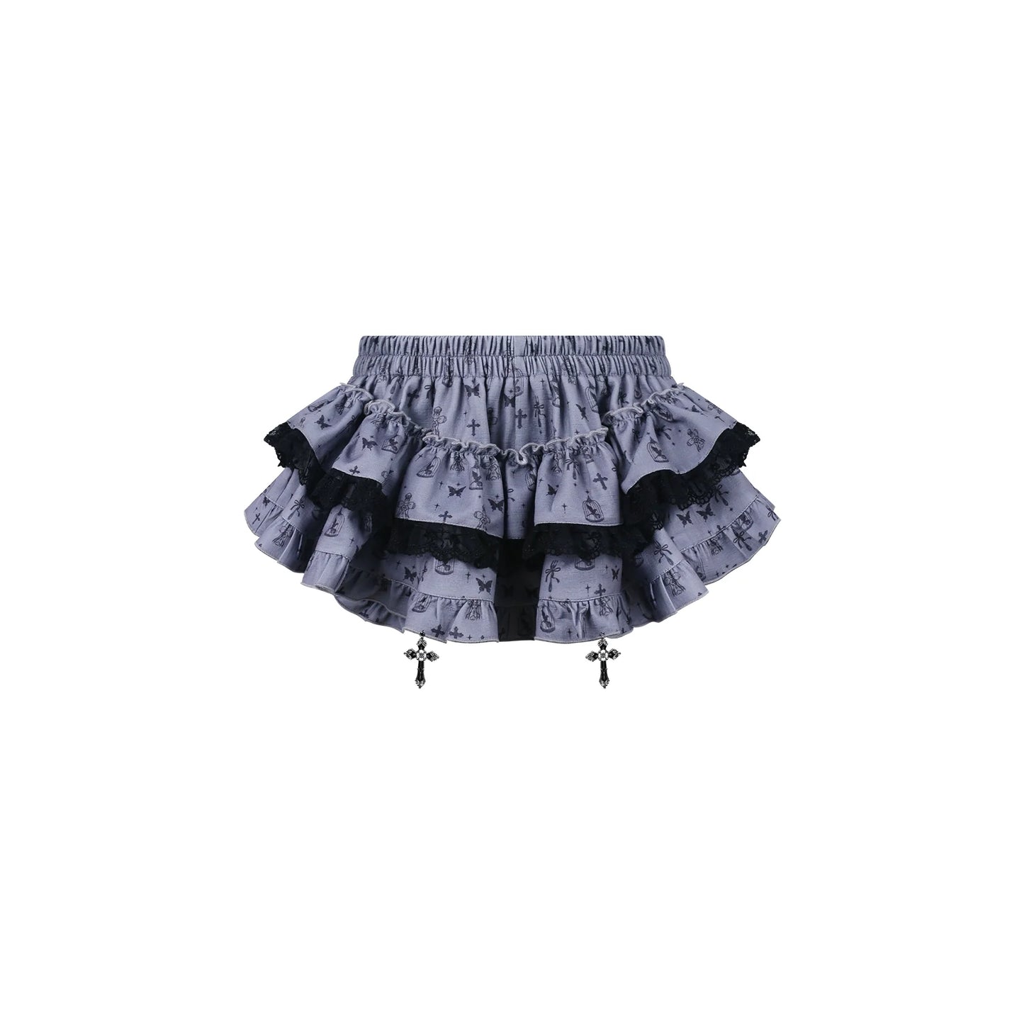 Dark Night Doll Black Print Patchwork Ribbon Top + Print Skirt