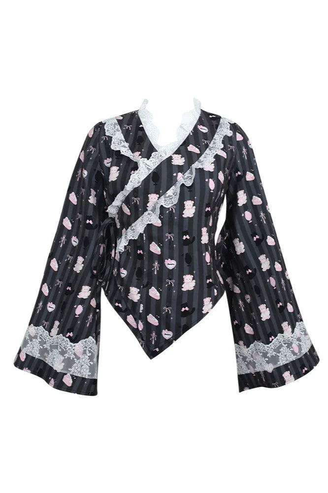 Japanese Style Top + Cape + Ribbon Girdle + Tiered Skirt