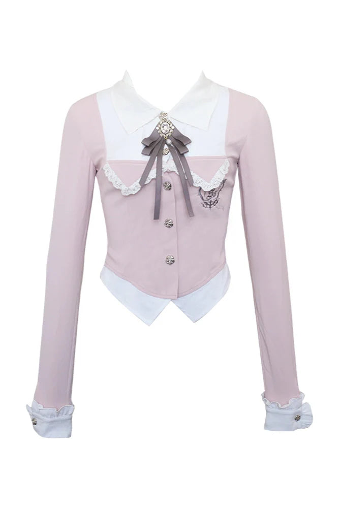 Sweet Sakura College Pink Faux Two-piece Shirt + Gray Pleated Skirt