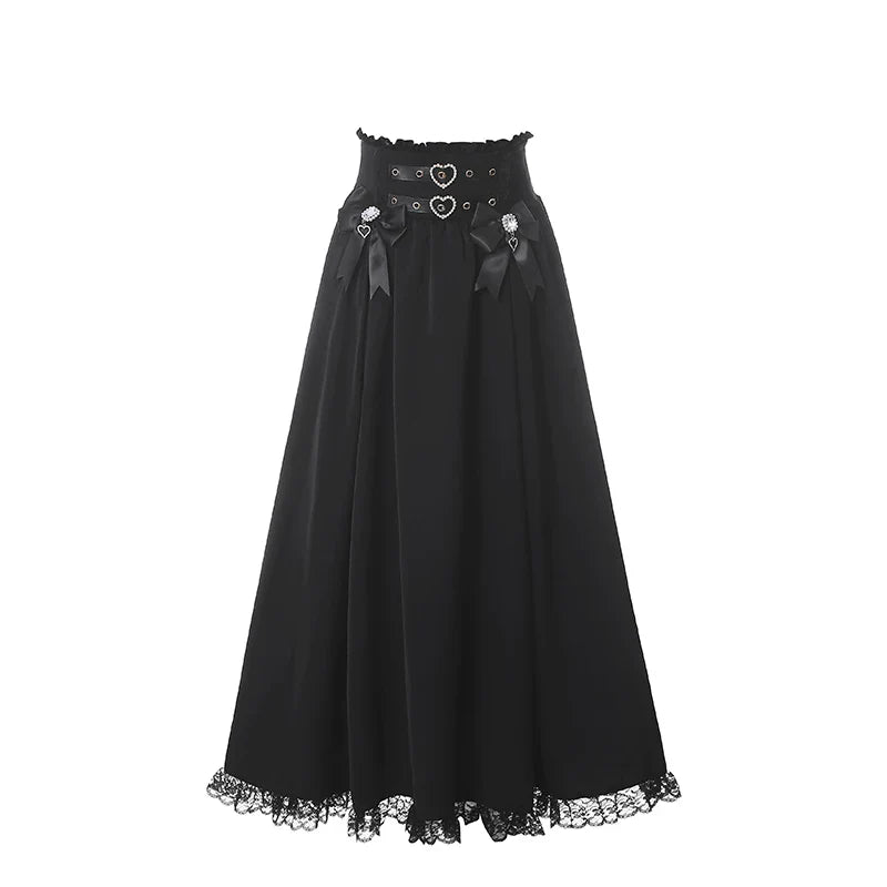 Lace Dark Kawaii Blouse + Heart Ring Long Skirt