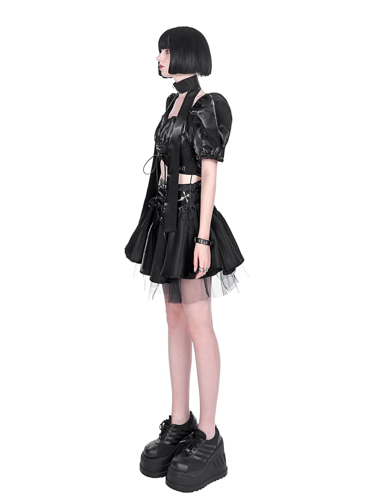 Cyberpunk Glitter Set Cross Neck Stole + Puff Sleeve Short Top + Lace Up Tulle Skirt