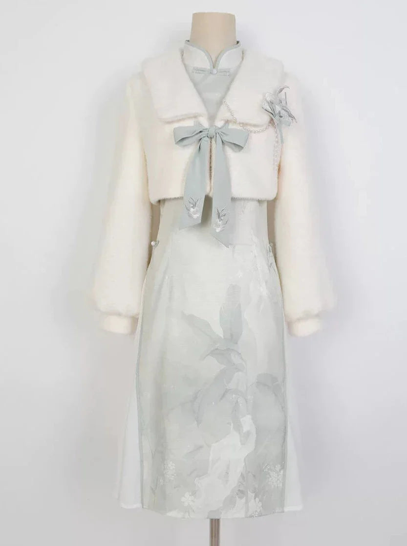 Retro Chinese-style Dress + Ribbon Short Fur Coat