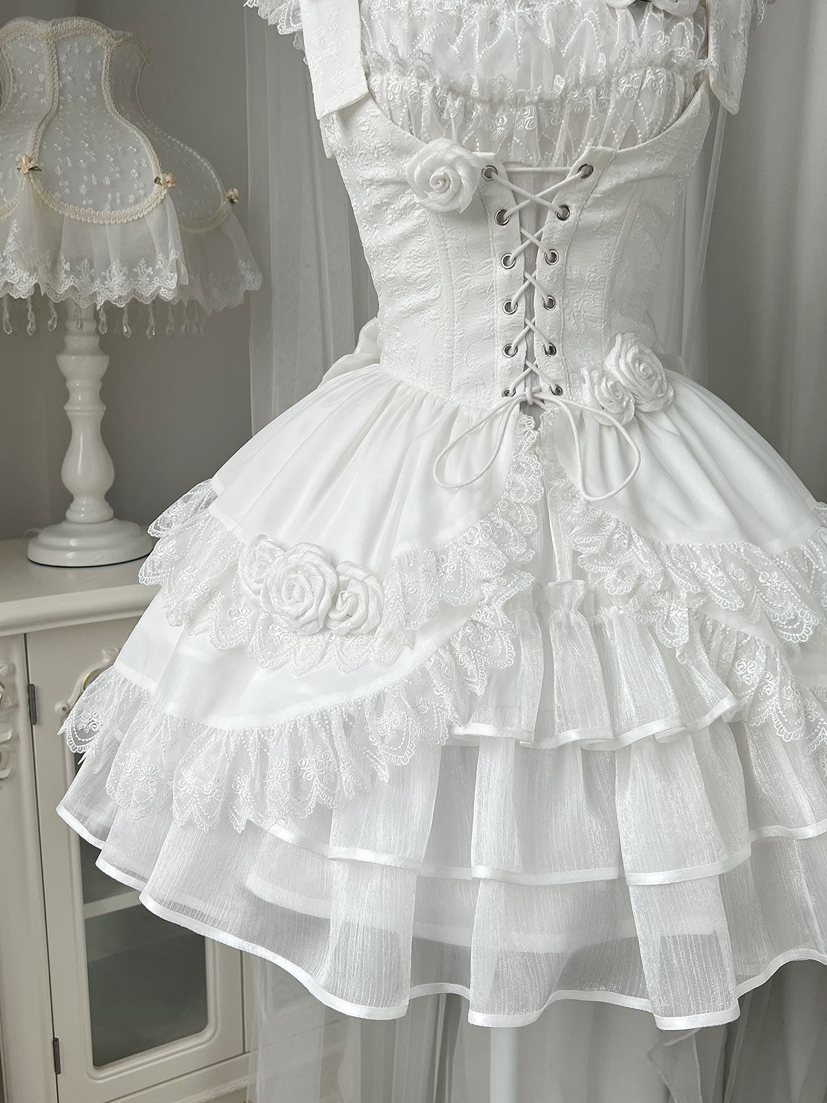 Lolita Wedding Rose Lace-up Tiered Bustier & Suspender Dress Set