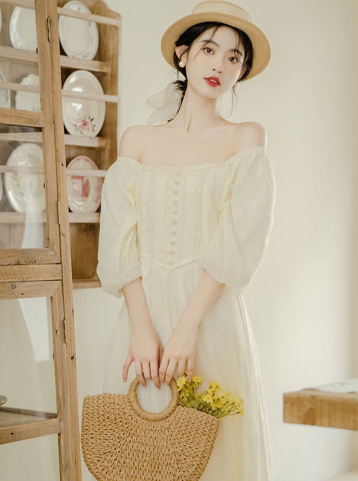 French Square Neck Lantern Sleeve Dress
