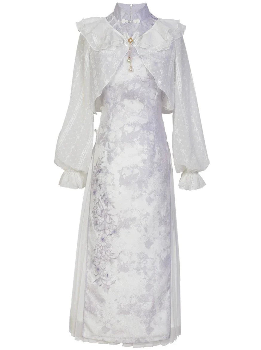 Sheer Cardigan + Flower Cheongsam Dress + Pleated Skirt