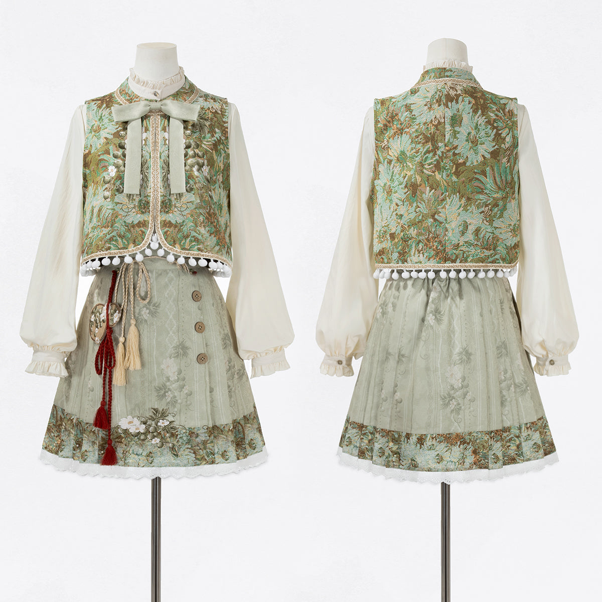 Forest Chinese-style Vest + Blouse + Skirt