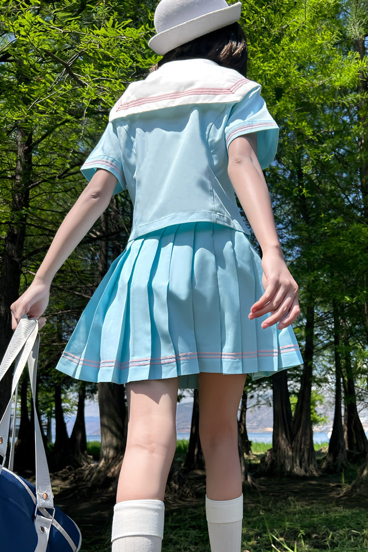 Anime Girl Light Blue Sailor Suit + Pleated Skirt