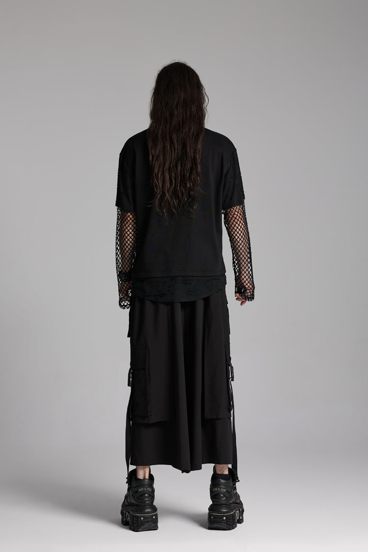 Black Round Collar Long Sleeves Mesh Ripped Punk T-shirt