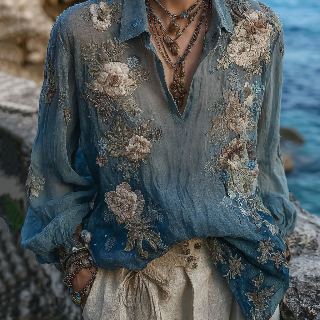 Women's Vintage Bohemian Floral Linen Shirt elevenforest