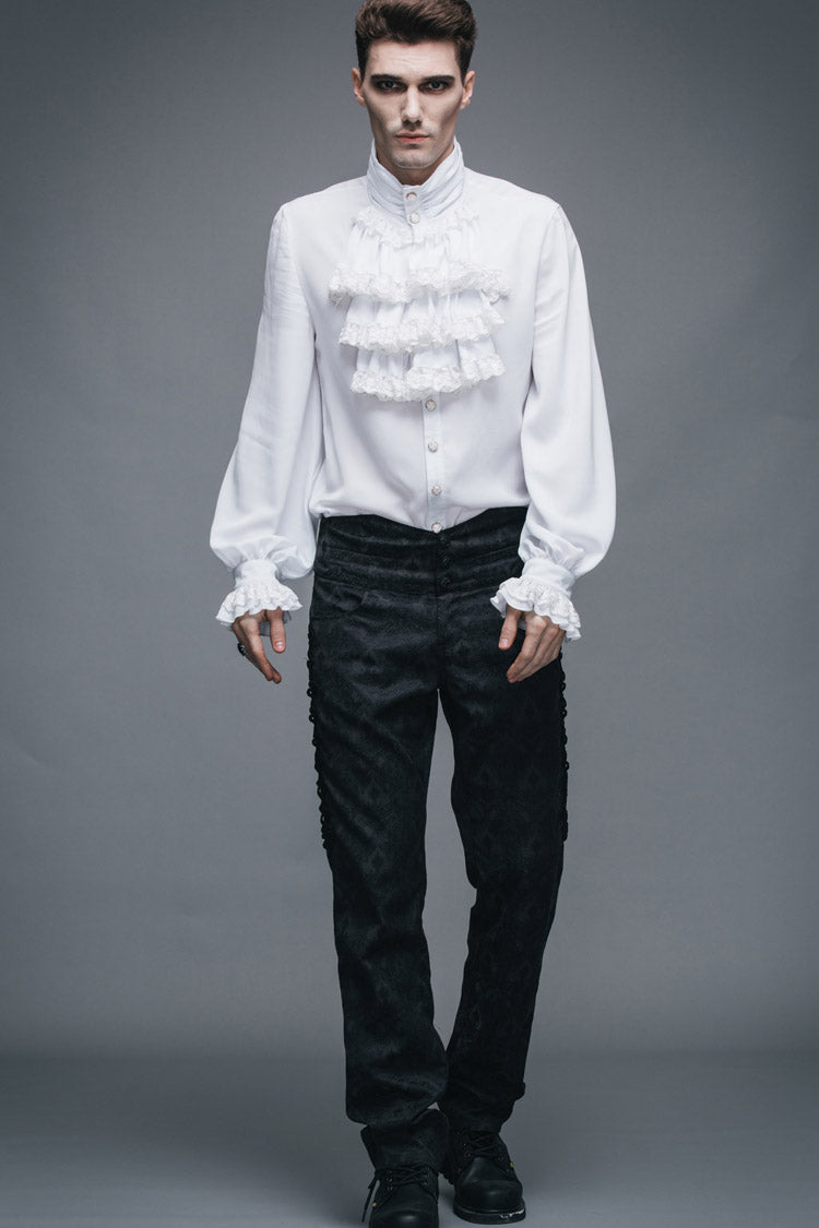 White Ruffled Lace Button-up Micro-bullet Chiffon Long Sleeve Gothic Shirt