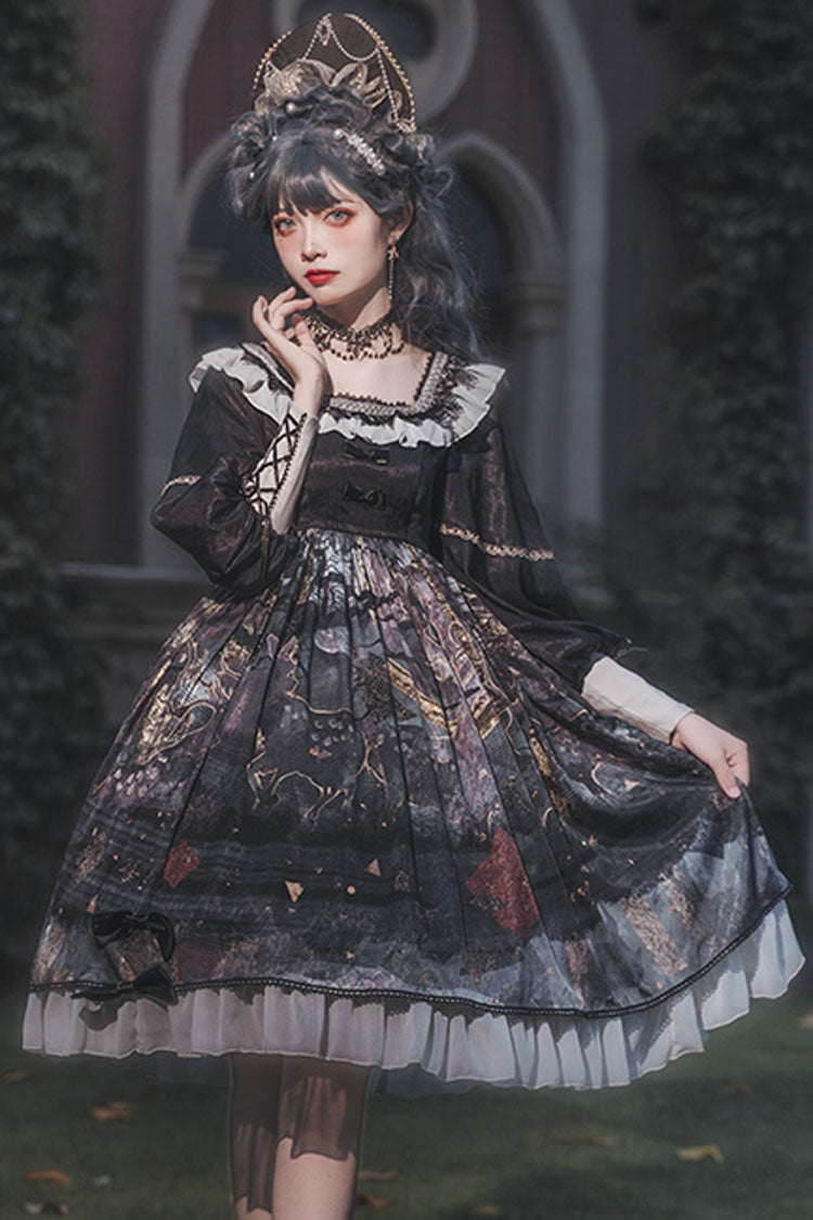 Black Long Sleeves Mist Print Classic Lolita Op Dress
