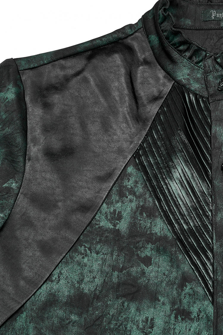 Black/green Stand Collar Long Sleeves Ruffle Pleated Gothic Blouse