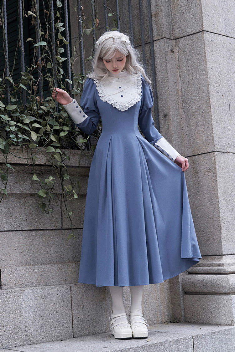 Blue Nun Style Stand Collar Long Sleeves Ruffle Bowknot Classic Lolita Dress