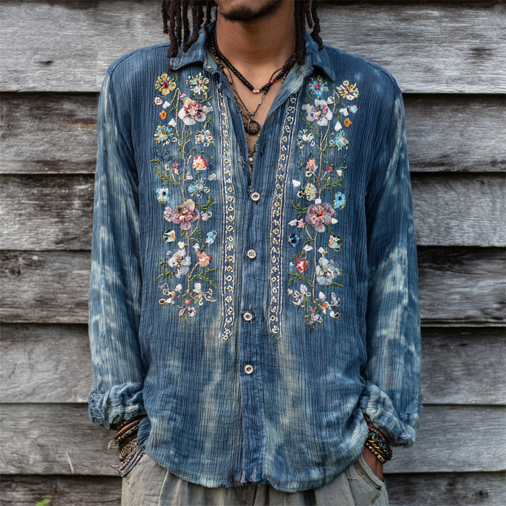 Vintage Boho Floral Embroidery Men's Linen Long Sleeve Shirt elevenforest