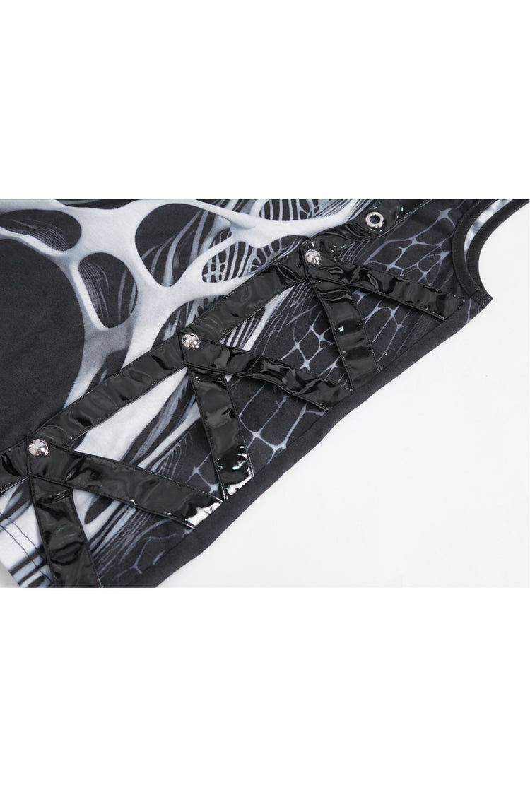 Black/white Round Collar Print Hollow Punk Vest