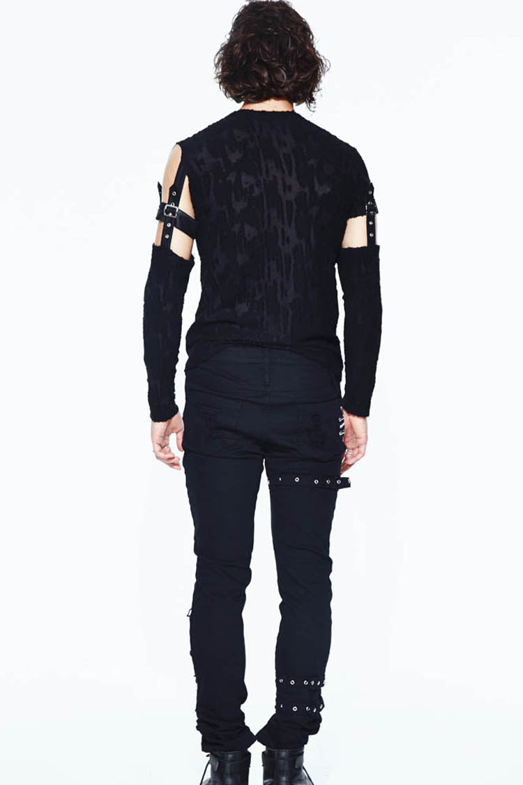 Black Leather Loop Sleeve Irregular Jacquard Knitted Chest Lace Up Removable Punk Shirt