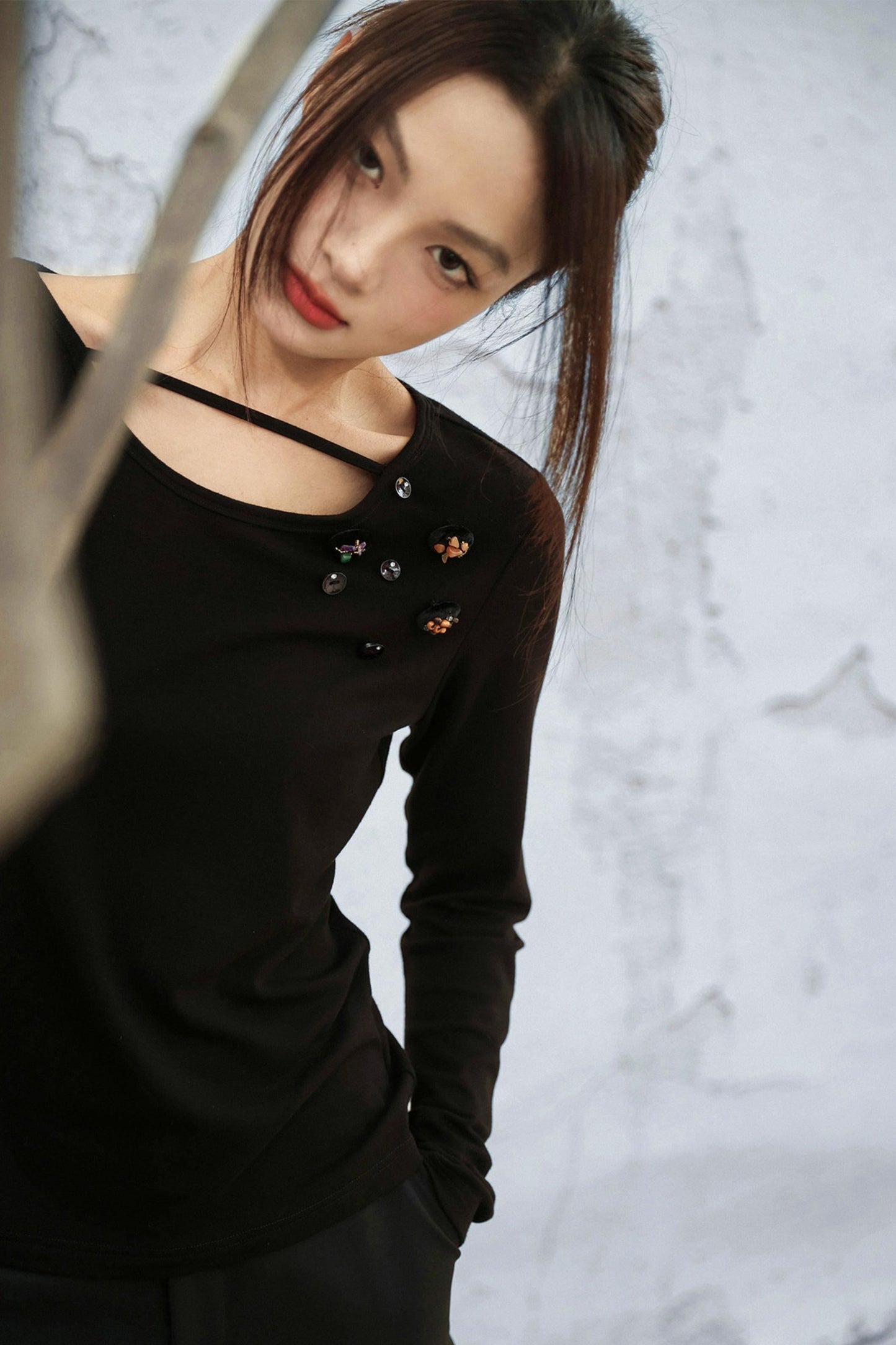 Crystal Button Velvet Knitted Top