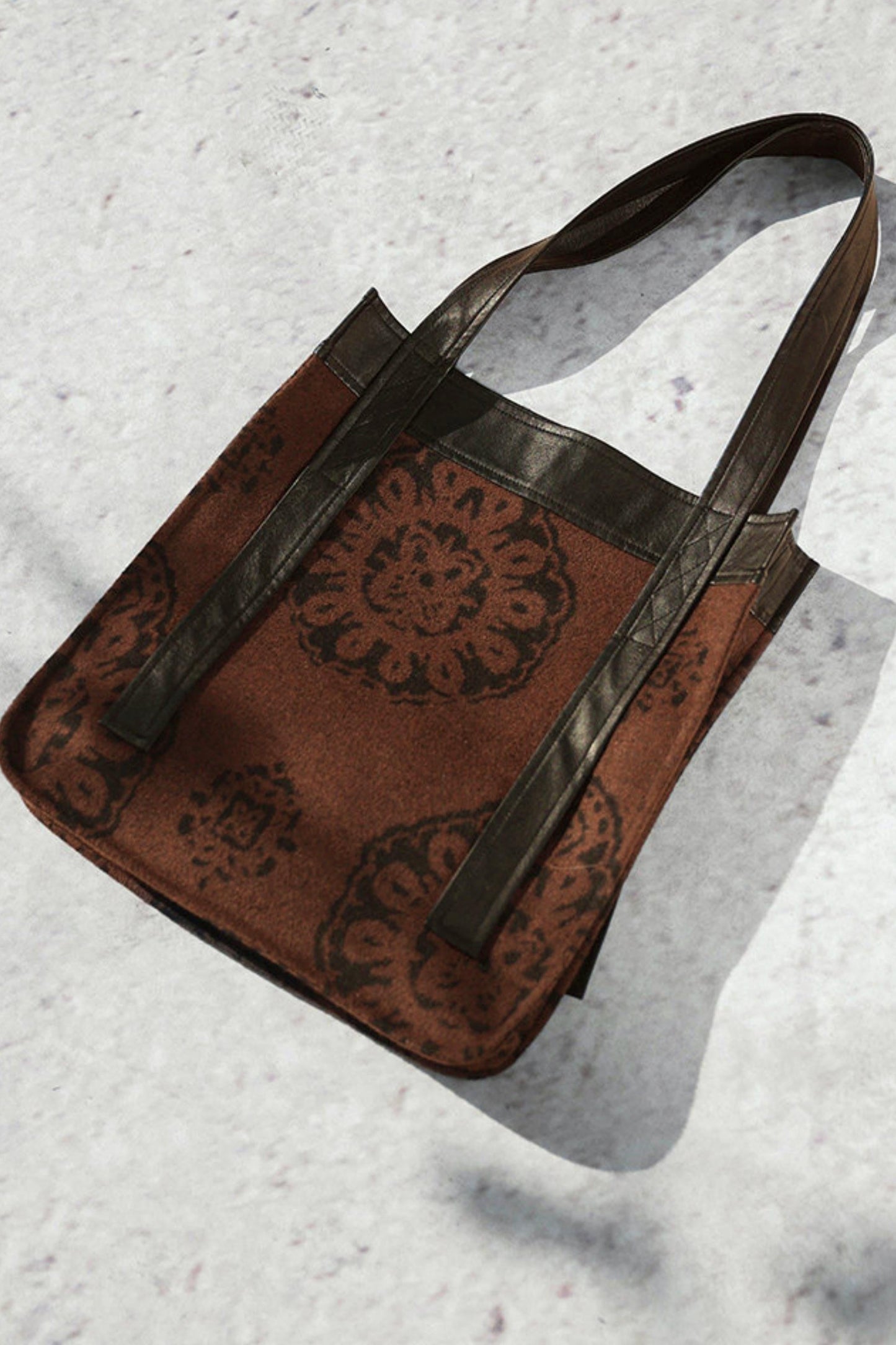 Brown Jacquard Leather Tote Bag