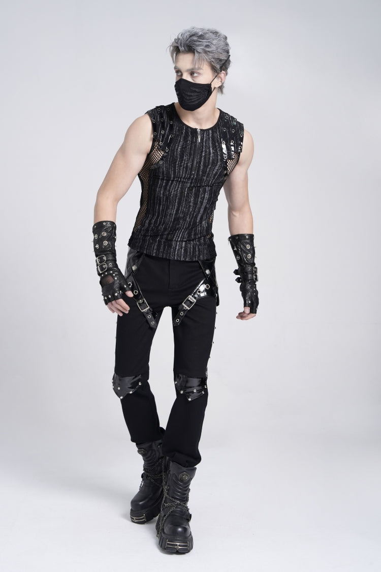 Black Sleeveless Ribbed Print Stitching Mesh Zipper Gothic Vest