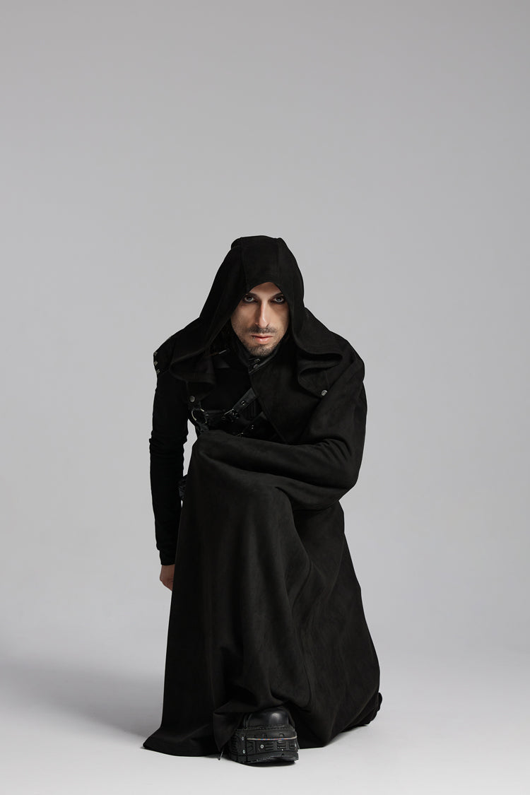 Black Hooded Buckle-up Rivets Punk Cloak