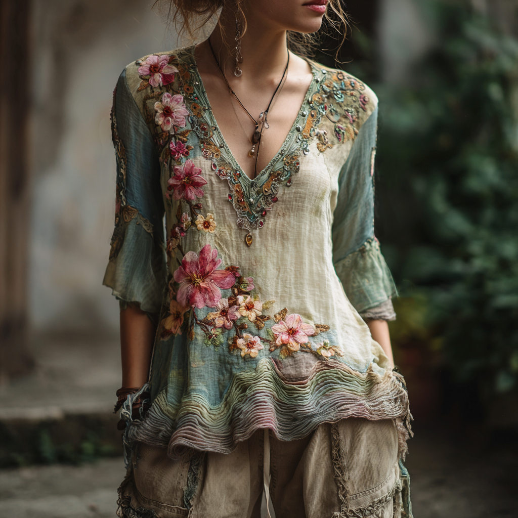 Women's Vintage Cherry Blossom Embroidery Casual Shirt elevenforest