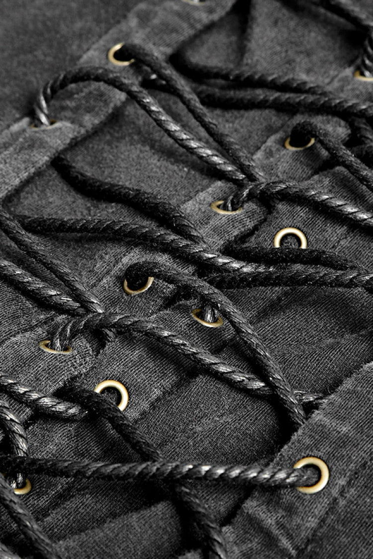 Black V Collar Sleeveless Metal Rings Cross Lace-up Steampunk Vest