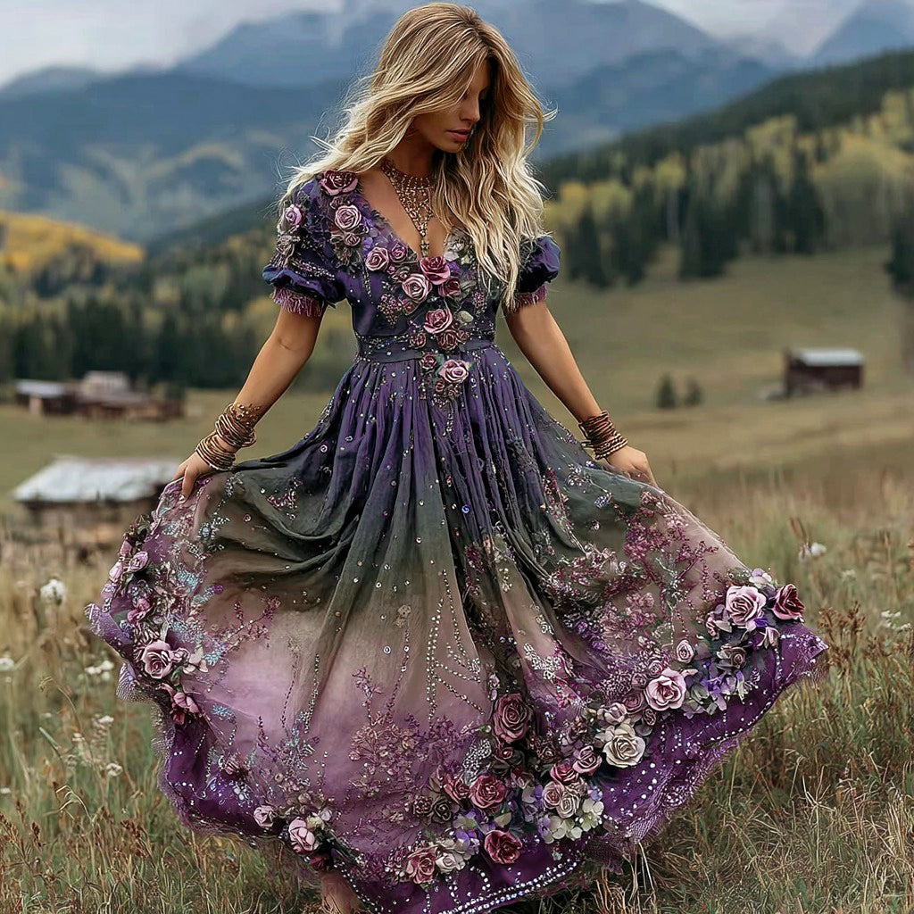 Vintage Gradient Purple Rose Embroidered Linen Maxi Dress elevenforest