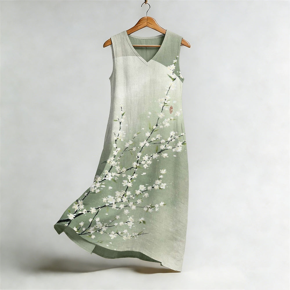 Comstylish Vintage Pear Flower Art Flowy Linen Midi Dress