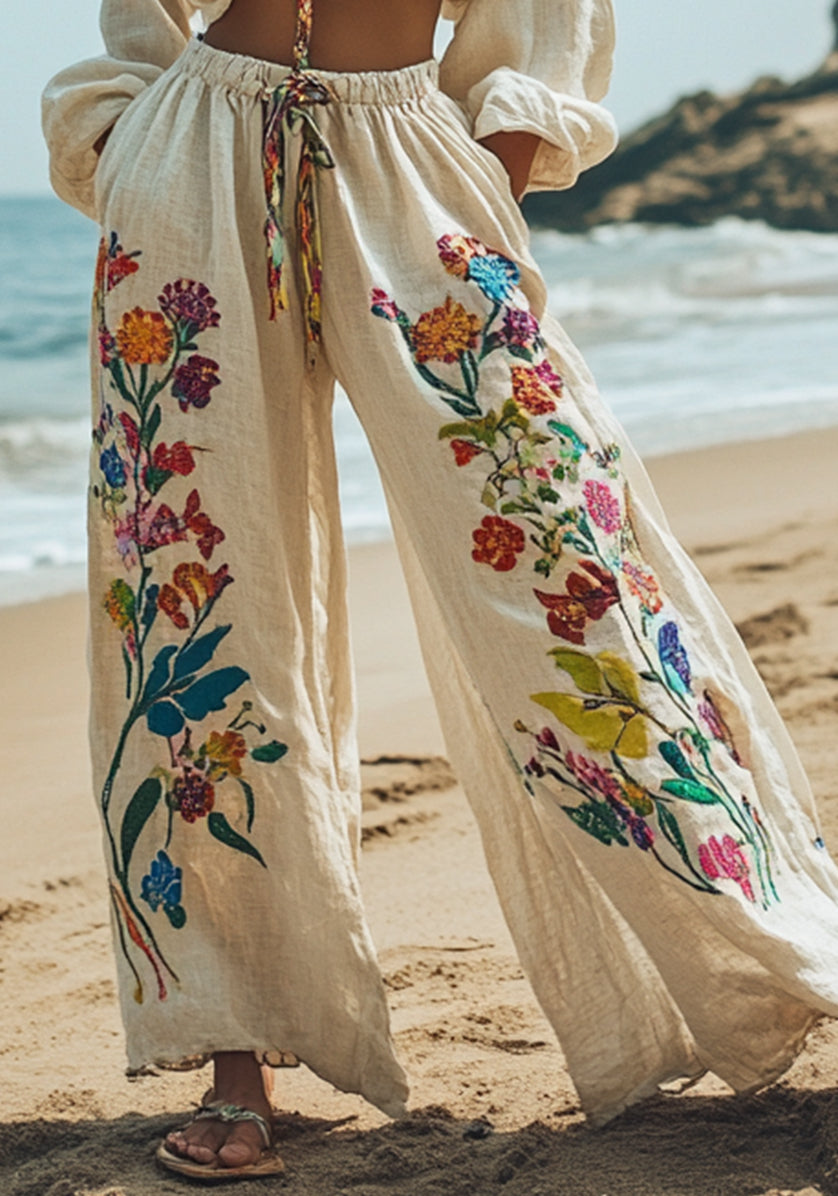 Floral And Botanical Embroidery Linen Lounge Pants elevenforest
