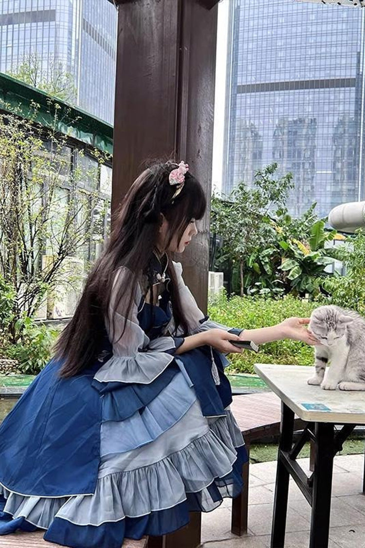 Blue Multi-layer Print Ruffle Classic Chinese Style Princess Lolita Jsk Dress