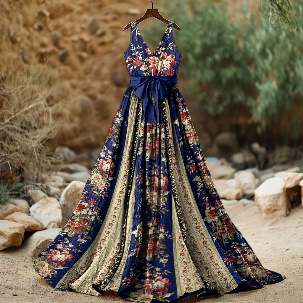 Women's Vintage Floral Patchwork Cotton And Linen Dress elevenforest