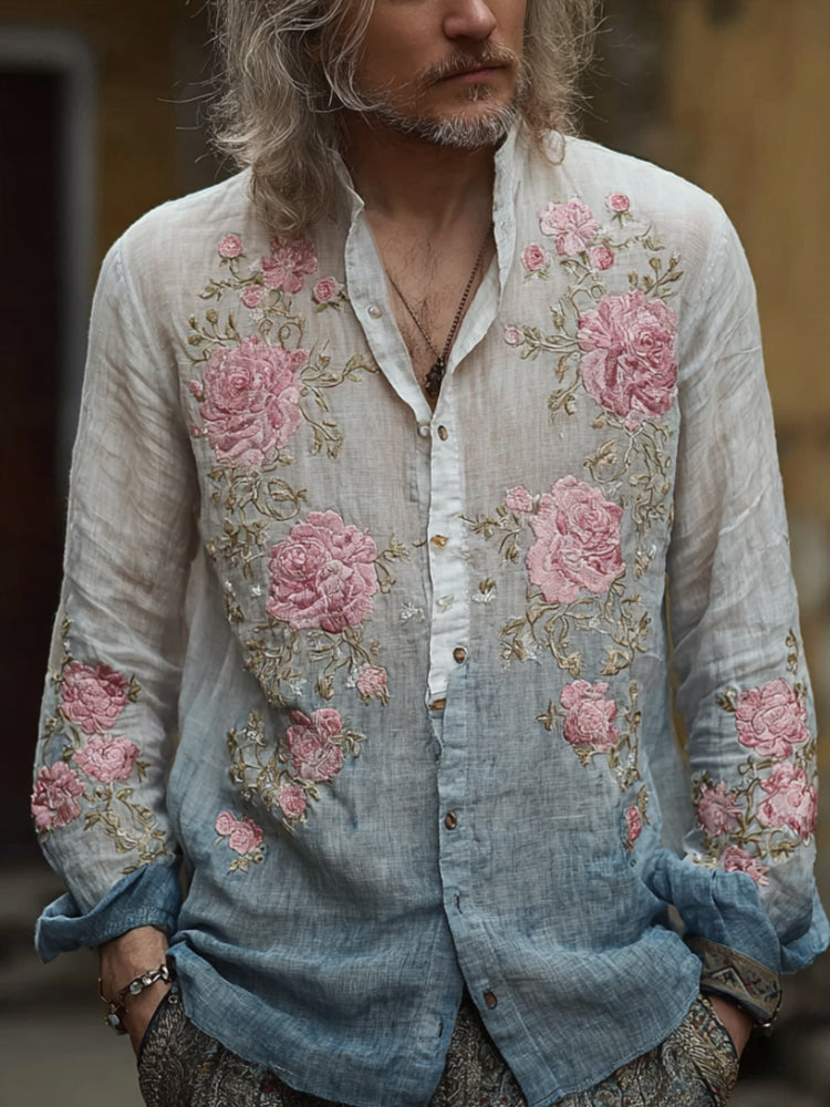 Men's Rose Embroidery Romantic Tie-dye Vintage Long-sleeved Shirt elevenforest
