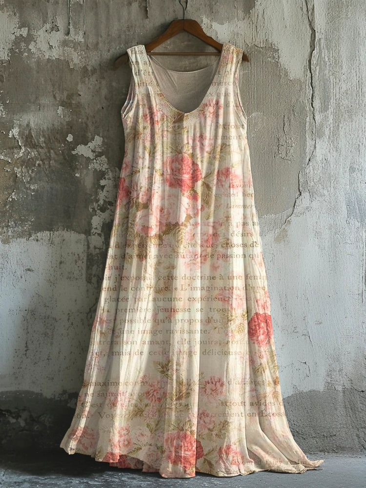 Romantic Oil Painting Rose Women's Linen Vest Dress elevenforest