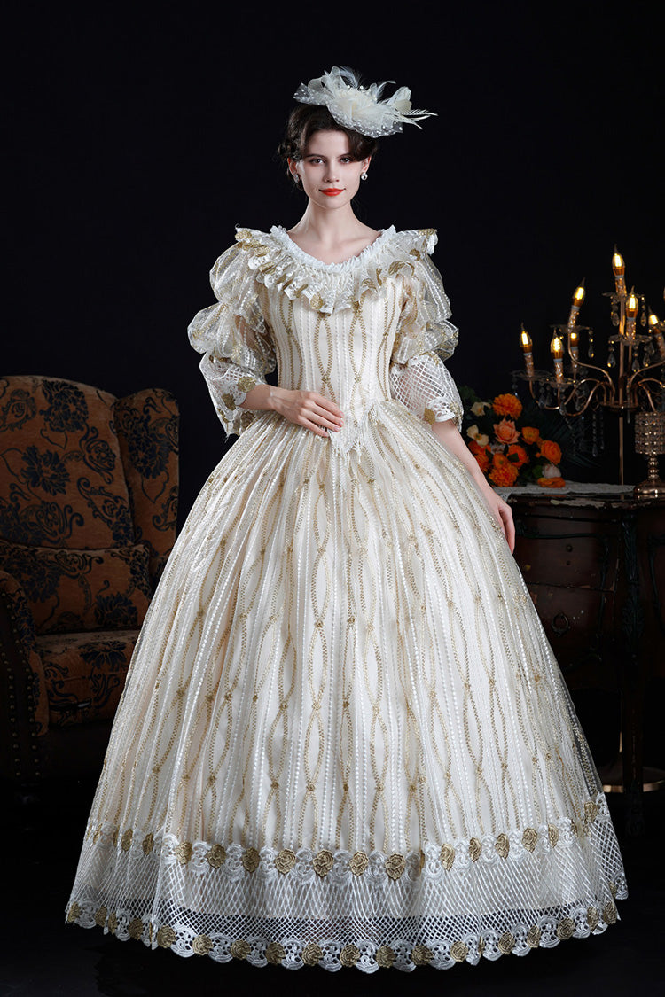 Champagne Long Puff Sleeves Ruffled Cut-out Mesh Classic Palace Lolita Victorian Dress