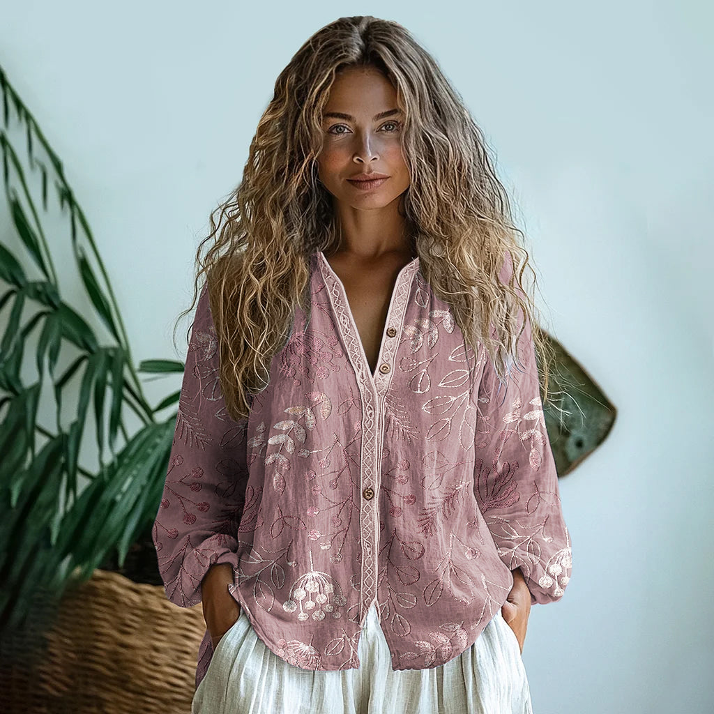 Bohemian Style Linen Floral Art Print Long Sleeve Shirt elevenforest