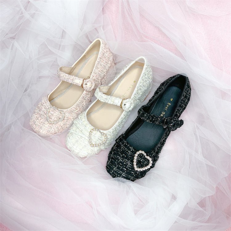 Tweed Pearl Decoration One Strap Girly Shoes